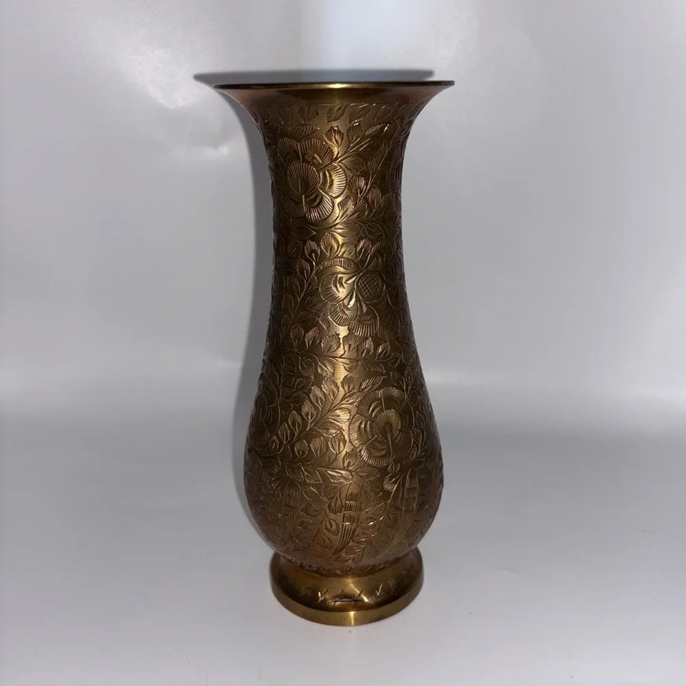 Vintage Brass Floral Engraved Vase - Antique Brass Finish